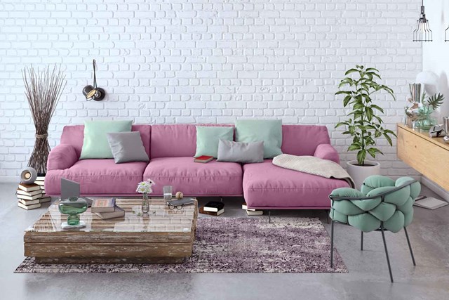 pink grey mint living room