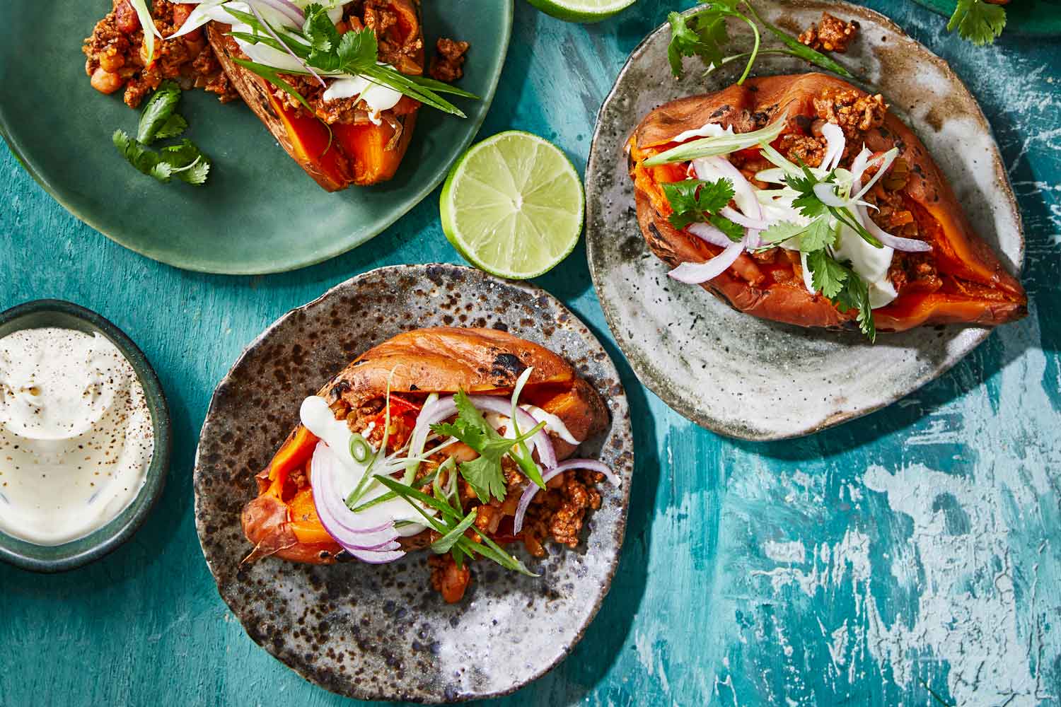 Coal-roasted sweet potatoes with beef chilli and sour cream Recipe ...
