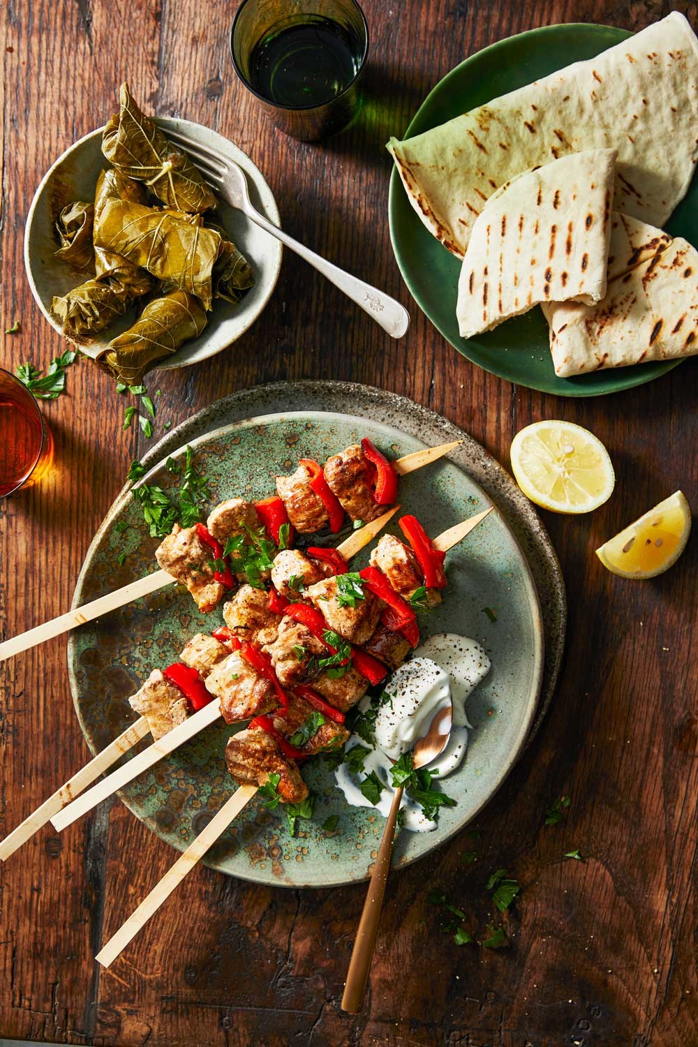 Greek-style pork and capsicum kebabs with easy walnut and goats cheese ...