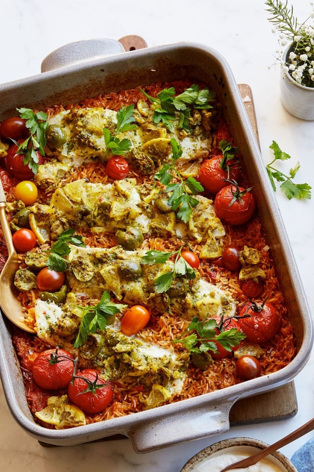 Roasted fish and spiced rice pilaf tray bake Recipe | Better Homes and ...