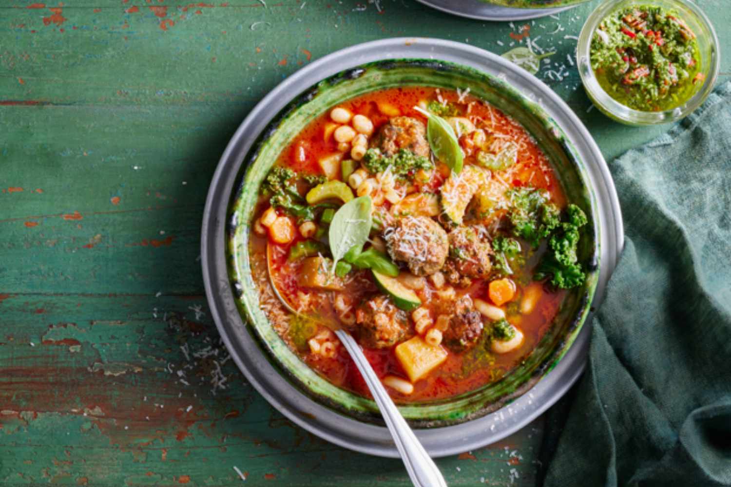 Meatball Minestrone Soup With Chilli Basil Pesto Recipe | Better Homes ...