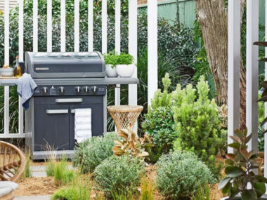 Barbcue in an outdoor area surrounded by lush green plants.