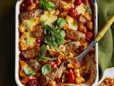 gnocchi tray bake with basil on top