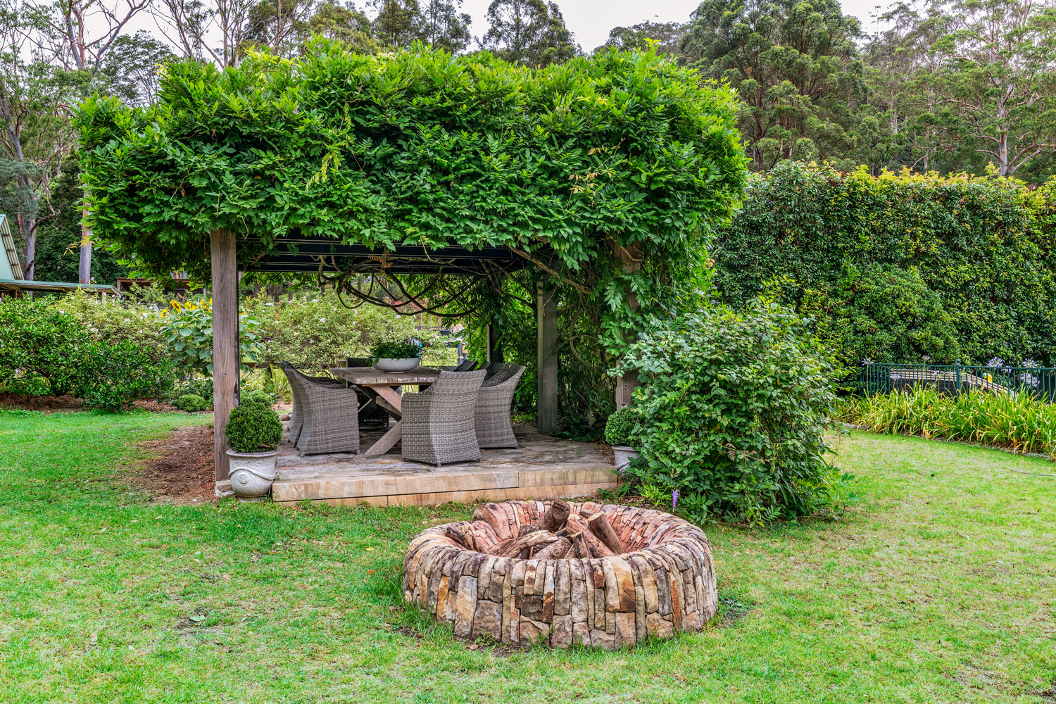 Dry stone fire pit in a garden